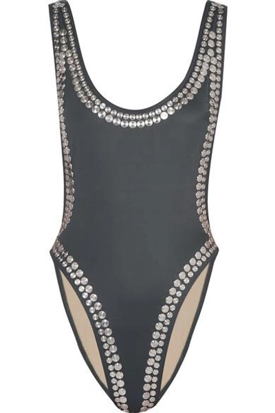 Shop Norma Kamali Stud Marissa Embellished Swimsuit In Dark Gray