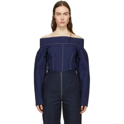 Shop Cedric Charlier Navy Off-the-shoulder Blouse In A0290navy