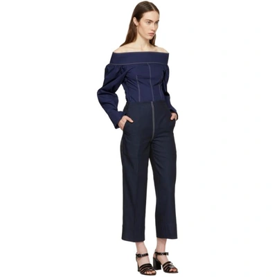 Shop Cedric Charlier Navy Off-the-shoulder Blouse In A0290navy
