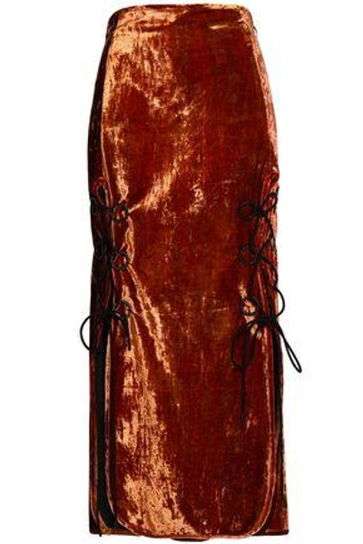 Shop Ellery Woman Bow-embellished Crushed-velvet Midi Skirt Copper
