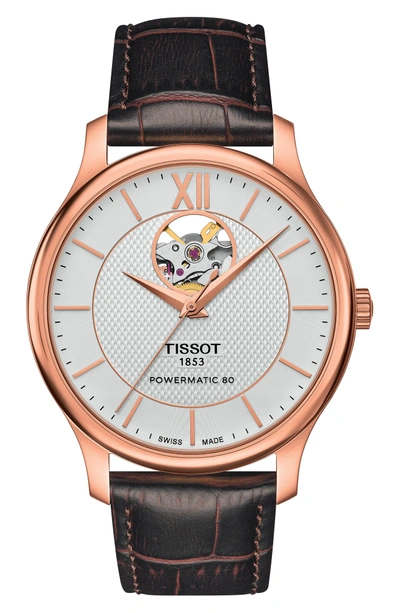 Shop Tissot Tradition Leather Strap Watch, 40mm In Brown/ Rose Gold