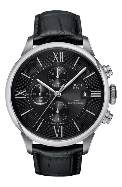 Shop Tissot Chemin Des Tourelles Automatic Chronograph Leather Strap Watch, 44mm In Black/ Silver