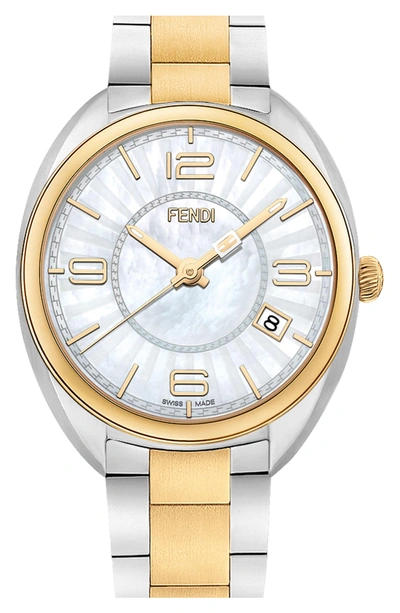 Shop Fendi Momento Mother Of Pearl Bracelet Watch, 34mm In Two Tone/ Mother Of Pearl