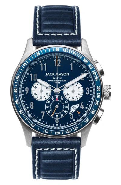 Shop Jack Mason Racing Chronograph Leather Strap Watch, 42mm In Navy