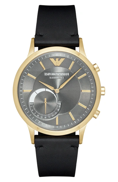 Shop Emporio Armani Leather Strap Hybrid Smart Watch, 43mm In Grey/ Black