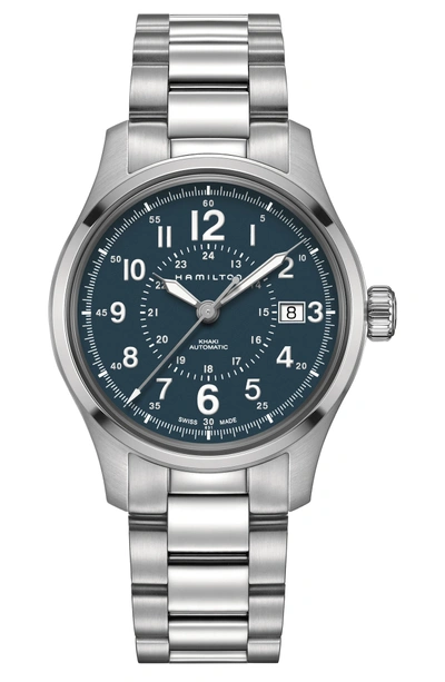 Shop Hamilton Khaki Field Automatic Bracelet Watch, 40mm In Silver/ Blue/ Silver