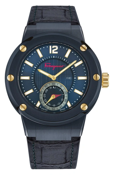 Shop Ferragamo 'f-80 Motion' Leather Strap Smart Watch, 44mm In Blue