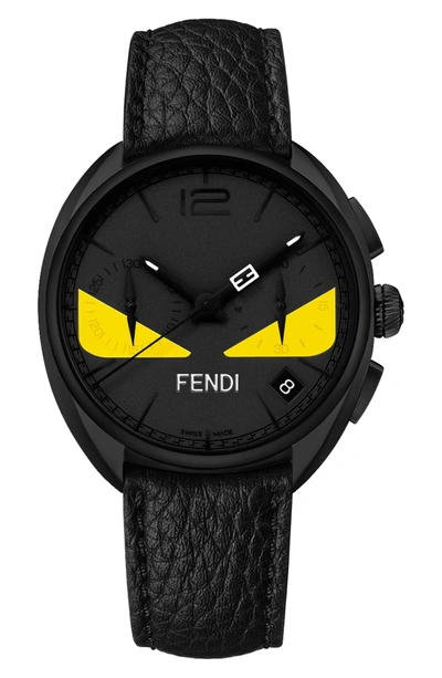 Shop Fendi Monster Chronograph Leather Strap Watch, 40mm In Black/ Yellow