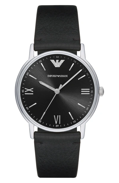 Shop Emporio Armani Leather Strap Watch, 41mm In Black/ Black