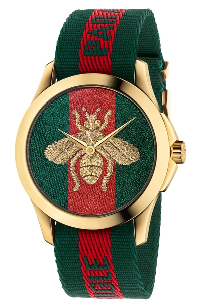 Shop Gucci Le Marche Des Merveilles Nylon Strap Watch, 45mm In Green/ Red/ Gold
