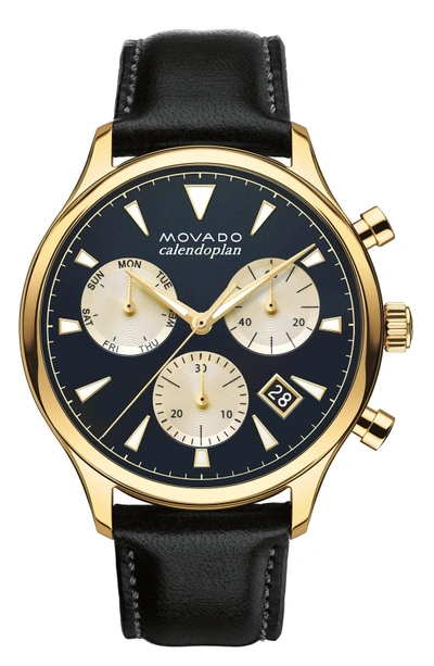 Shop Movado 'heritage' Chronograph Leather Strap Watch, 43mm In Black/ Blue