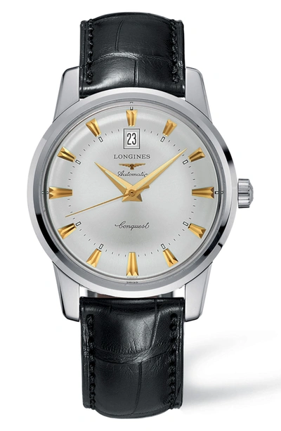 Shop Longines Conquest Heritage Automatic Alligator Leather Strap Watch, 40mm In Black/ Silver/ Gold
