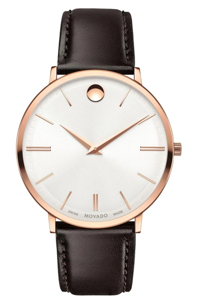 Shop Movado 'ultra Slim' Leather Strap Watch, 40mm In Brown/ Silver/ Rose Gold