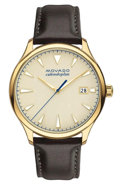 Shop Movado 'heritage' Leather Strap Watch, 40mm In Brown/ Beige