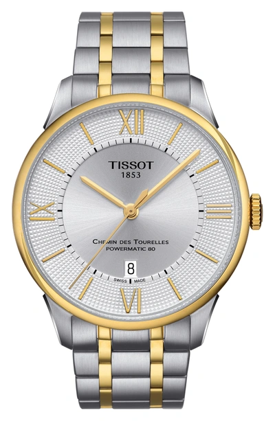 Shop Tissot Chemin Des Tourelles Automatic Bracelet Watch, 42mm In Silver/ Gold