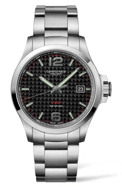 Shop Longines Conquest V.h.p. Bracelet Watch, 43mm In Silver/ Carbon Fiber/ Silver