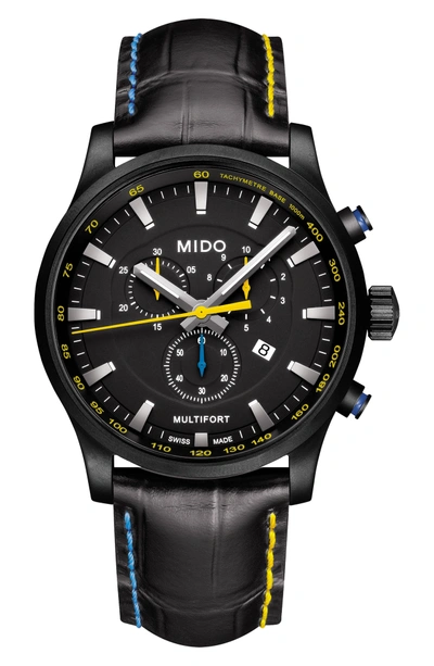 Shop Mido Multifort Chronograph Leather Strap Watch, 42mm In Black/ Silver