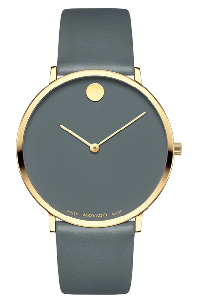 Shop Movado Ultra Slim Museum Dial Leather Strap Watch, 40mm In Grey/ Gold