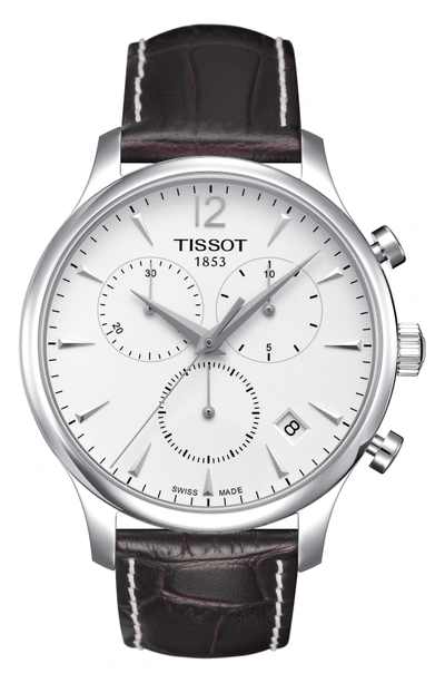 Shop Tissot Tradition Chronograph Leather Strap Watch, 42mm In Brown/ Silver