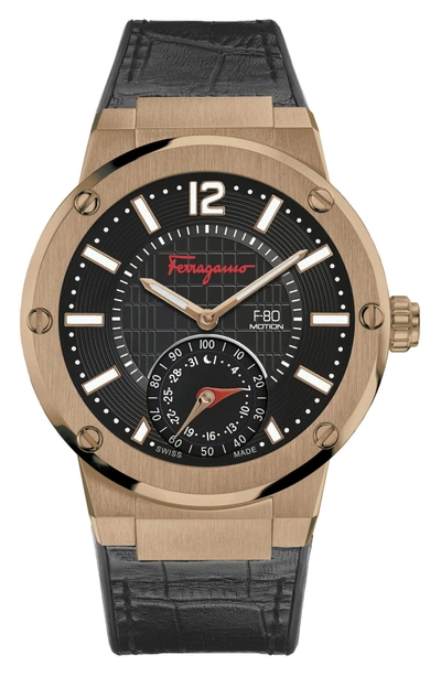 Shop Ferragamo 'f-80 Motion' Leather Strap Smart Watch, 44mm In Navy/ Bronze