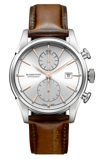 Shop Hamilton American Classic Automatic Chronograph Leather Strap Watch, 42mm In Brown/ Silver
