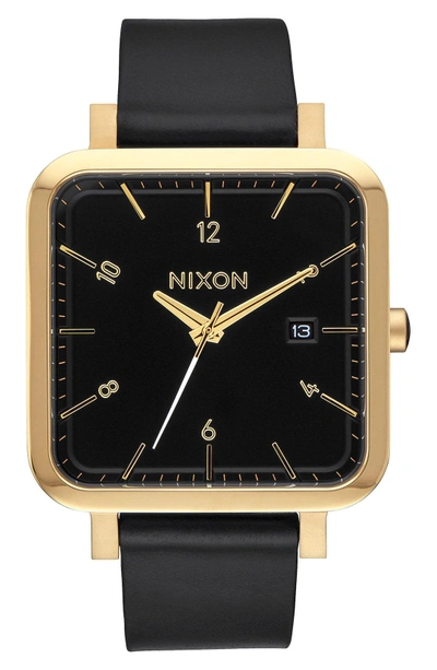 Shop Nixon 'ragnar' Leather Strap Watch, 36mm In Black/ Gold