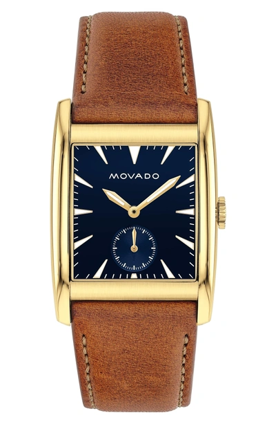 Shop Movado Heritage Leather Strap Watch, 41mm In Cognac/ Blue/ Gold