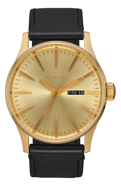 Shop Nixon The Sentry Leather Strap Watch, 42mm In Black/ Gold