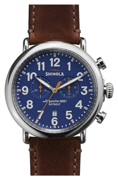 Shop Shinola The Runwell Chrono Leather Strap Watch, 47mm In Dark Brown/ Blue