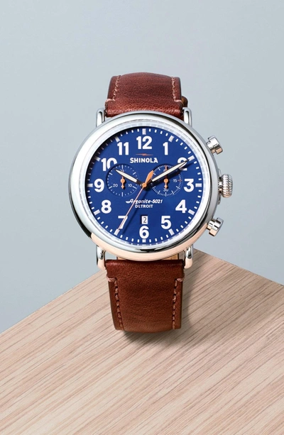 Shop Shinola The Runwell Chrono Leather Strap Watch, 47mm In Dark Brown/ Blue