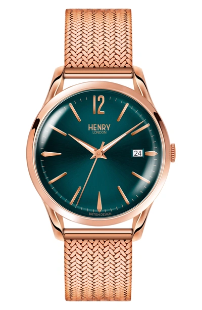 Shop Henry London Stratford Mesh Strap Watch, 39mm In Rose Gold/ Mallard/ Rose Gold