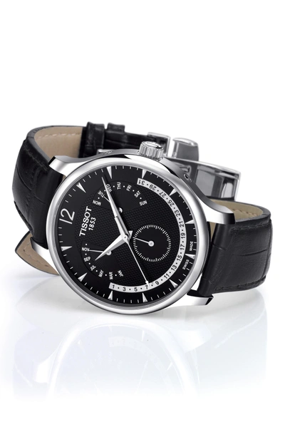 Shop Tissot Tradition Calendar Leather Strap Watch, 42mm In Black/ Silver