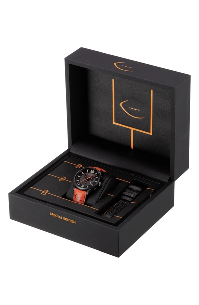 Shop Mido Multifort Chronograph Leather Strap Watch, 42mm In Black/ Orange/ Silver