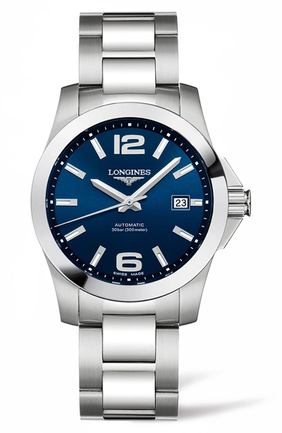 Shop Longines Conquest Automatic Bracelet Watch, 39mm In Silver/ Blue/ Silver