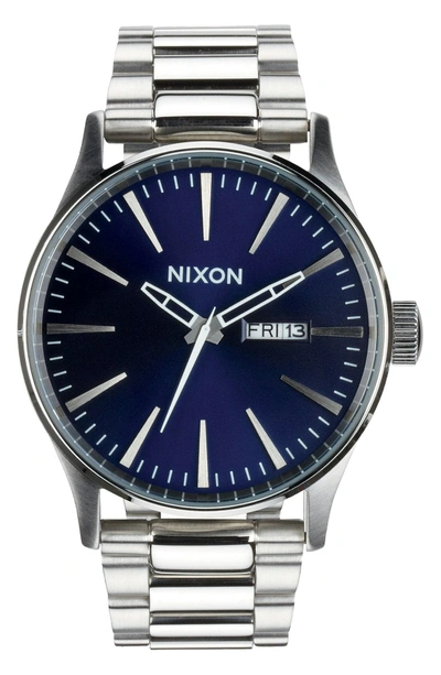 Shop Nixon Sentry Bracelet Watch, 42mm In Silver/ Blue Sunray