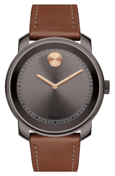 Shop Movado 'bold' Leather Strap Watch, 43mm In Brown/ Gunmetal