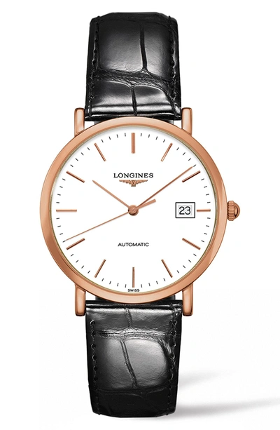 Shop Longines Elegant Automatic Alligator Leather Strap Watch, 37mm In Brown/ White/ Rose Gold