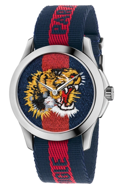Shop Gucci Le Marche Des Merveilles Nylon Strap Watch, 45mm In Blue/ Red/ Tiger