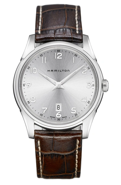 Shop Hamilton Jazzmaster Thinline Leather Strap Watch, 42mm In Brown/ Silver