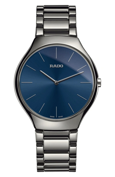 Shop Rado True Thinline Ceramic Bracelet Watch, 39mm In Plasma/ Blue/ Plasma