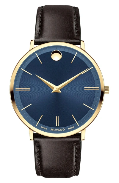 Shop Movado 'ultra Slim' Leather Strap Watch, 40mm In Brown/ Blue/ Gold
