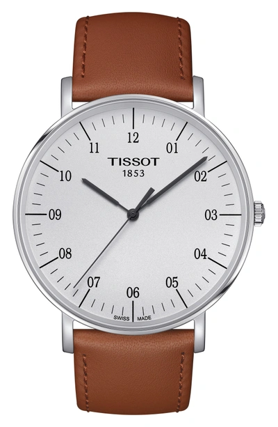 Shop Tissot Everytime Leather Strap Watch, 42mm In Beige/ Silver