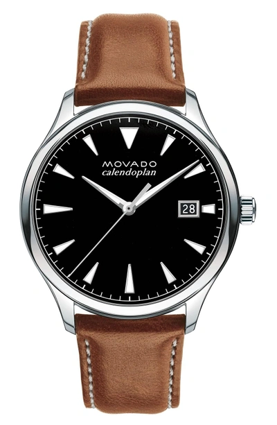 Shop Movado 'heritage' Leather Strap Watch, 40mm In Brown/ Black