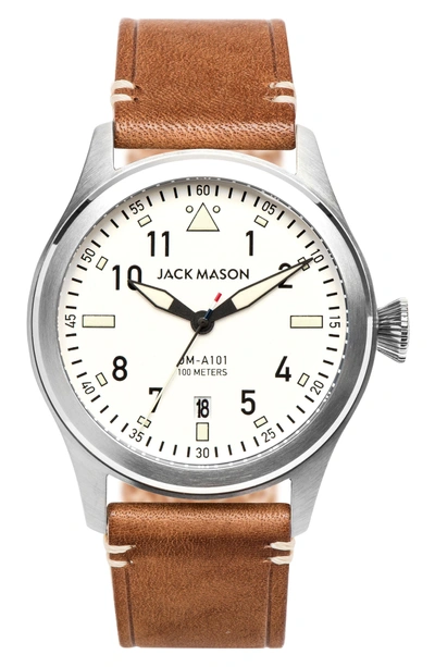 Shop Jack Mason Aviation Leather Strap Watch, 42mm In White/ Saddle