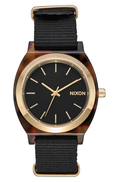 Shop Nixon Time Teller Nylon Strap Watch, 40mm In Black/ Tortoise Acetate