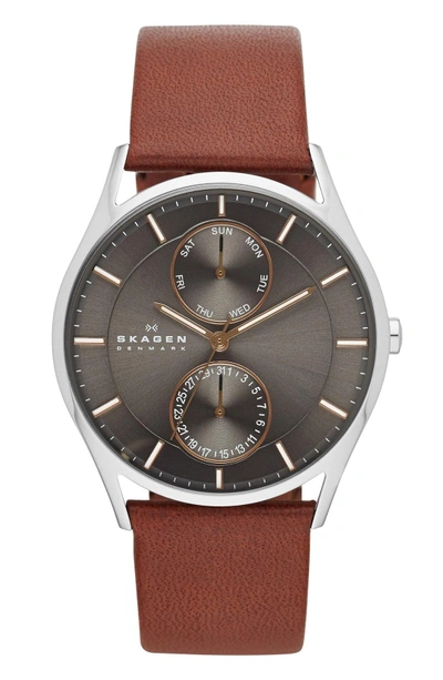 Shop Skagen 'holst' Multifunction Leather Strap Watch, 40mm In Saddle/ Charcoal