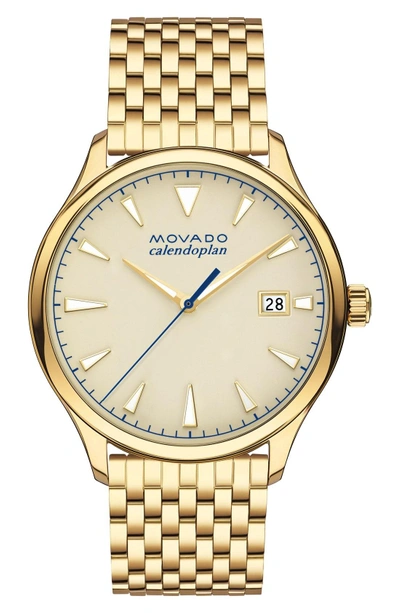 Shop Movado Heritage Calendoplan Bracelet Watch, 40mm In Gold/ Beige
