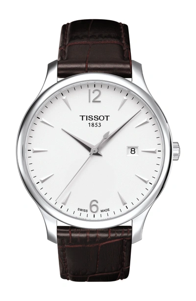 Shop Tissot Tradition Leather Strap Watch, 42mm In Brown/ Silver
