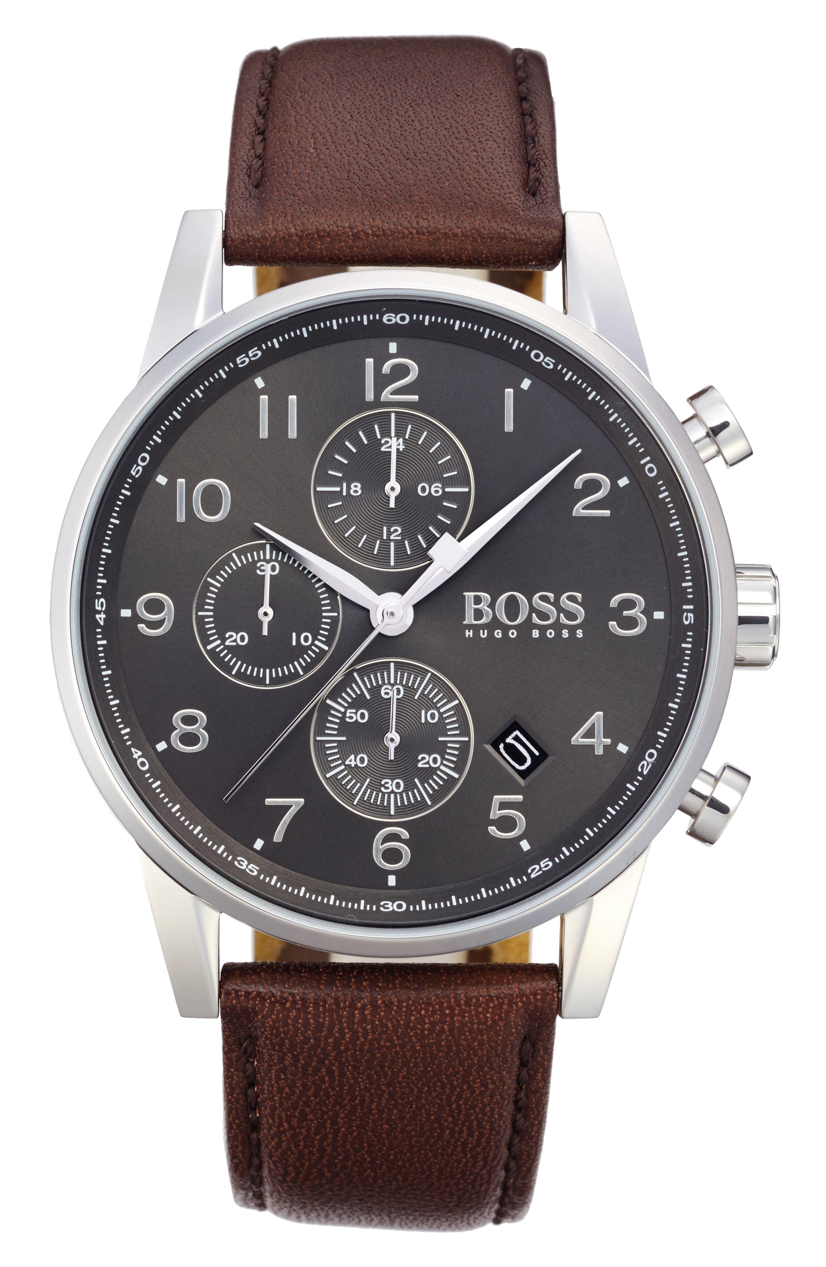 Hugo Boss Men's Chronograph Navigator Brown Leather Strap Watch 44mm 1513494  | ModeSens