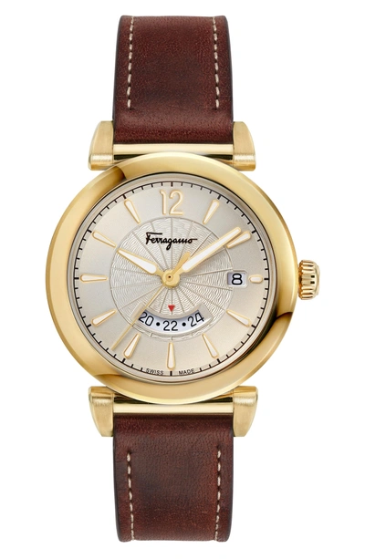 Shop Ferragamo Feroni Leather Strap Watch, 40mm In Brown/ Silver/ Gold